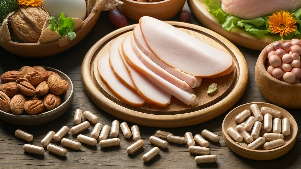 Imagen calmante de alimentos ricos en Triptófano y suplementos sobre una mesa de madera, incluyendo pavo, huevos, queso y nueces, junto a cápsulas de suplemento de Triptófano, destacando las fuentes naturales y suplementarias de Triptófano.