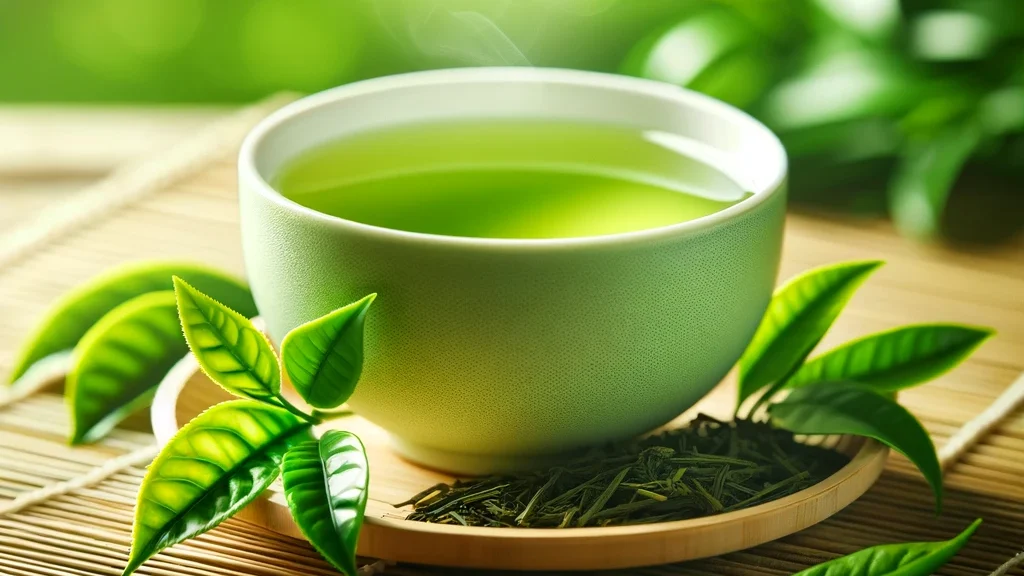 Una taza de té verde en una esterilla de bambú, rodeada de hojas frescas de té verde, simbolizando la fuente natural de L-Teanina.