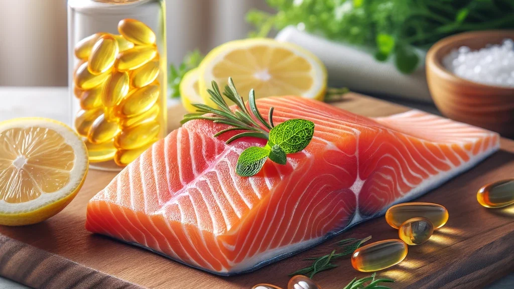 Filete de salmón fresco en una tabla de cortar de madera con rodajas de limón y hierbas frescas, y una botella de suplementos de DHA al lado, representando ambas fuentes de ácido docosahexaenoico.