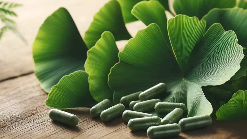 Imagen tranquila de hojas de Ginkgo biloba esparcidas sobre una mesa de madera, resaltando su forma de abanico distintiva y su color verde brillante. Incluye suplementos en forma de cápsula, mezclando lo natural con lo procesado, sobre un fondo de jardín suavemente desenfocado.