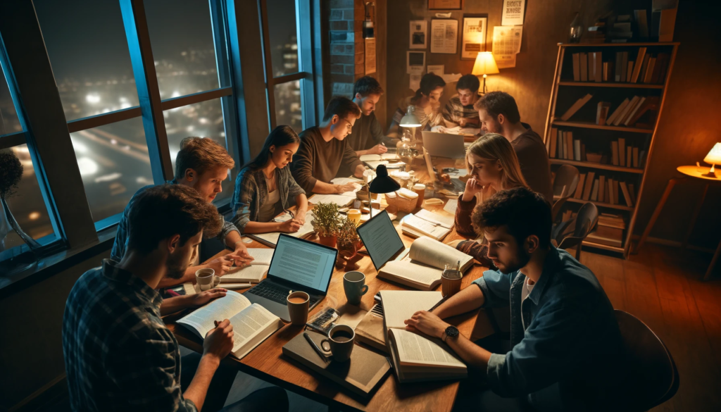 Un grupo de estudiantes en una intensa sesión de estudio, representando la importancias de escoger y usar los mejores nootrópicos para estudiar.